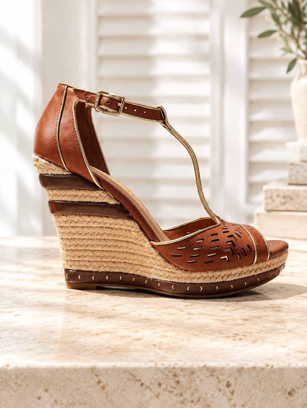 Gianni Bini Kelby Brown Leather T-Strap Espadrille Wedge Sandals Size 8